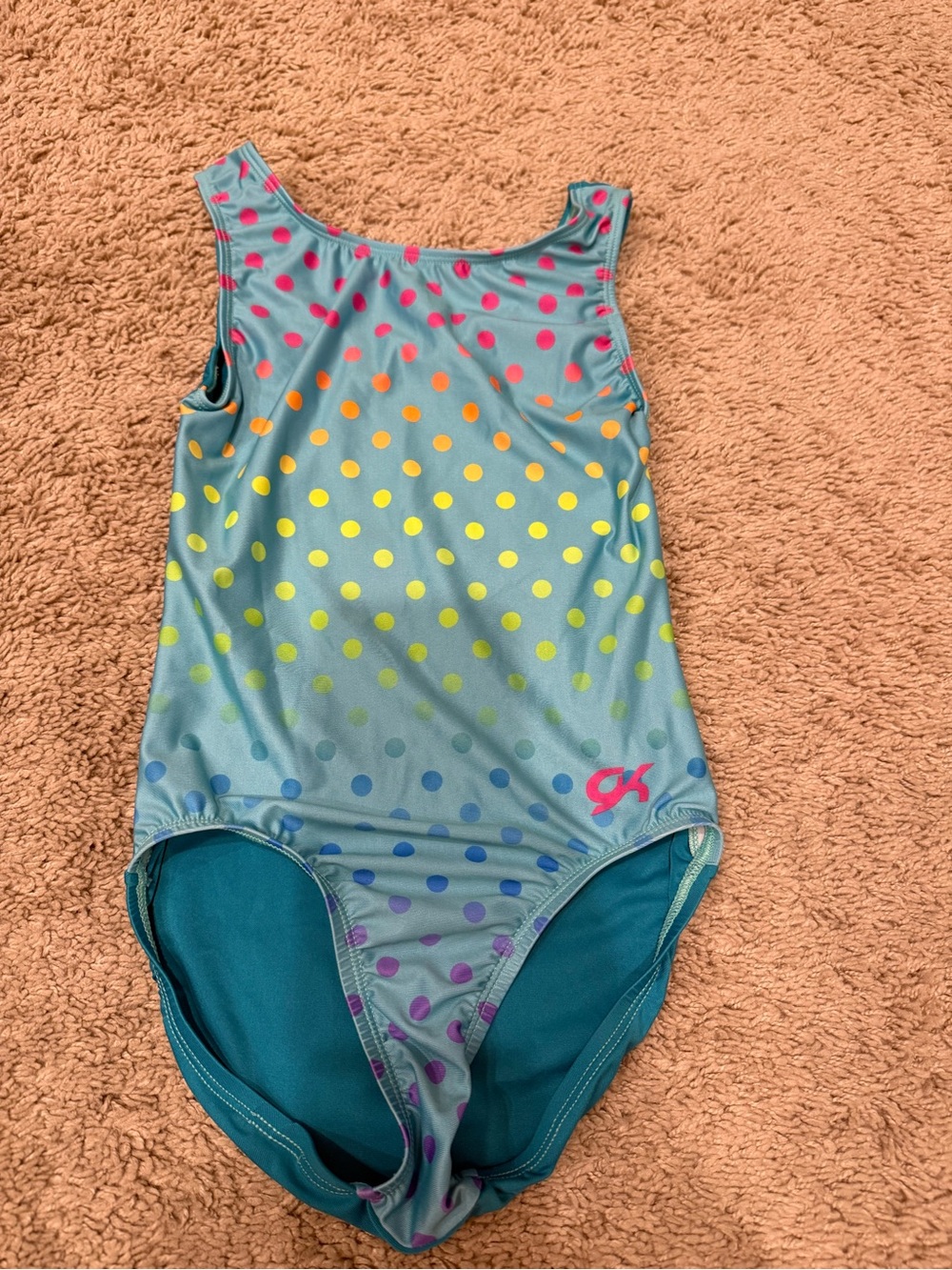 GK Stars Girls Gymnastics Leotard Child Medium Teal Rainbow Polka Dot